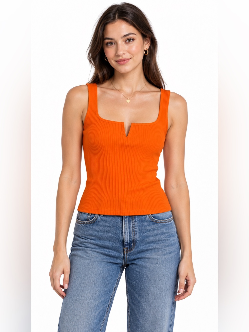 Reformation Bright Orange Ribbed Square-Neck Mini Tank